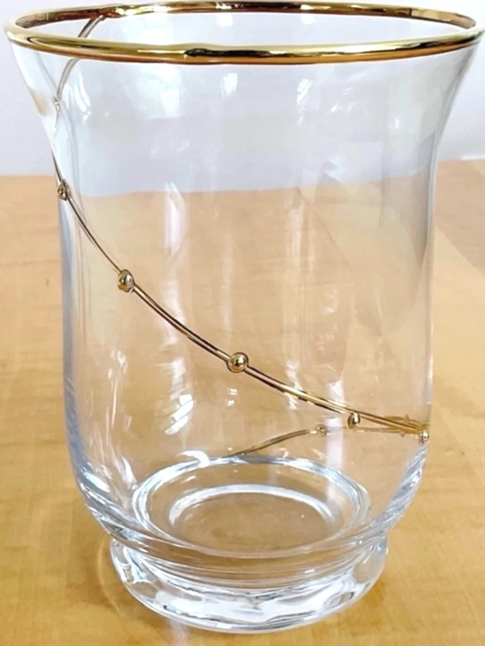 Vintage Pier 1 Clear Blown Glass Vase Gold Rim Spiral Swirl Accent 6”